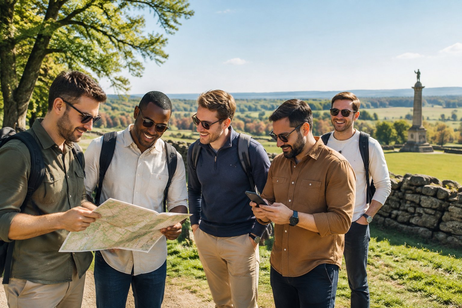 A group of friends planning a day trip together in the Gettysburg countryside.