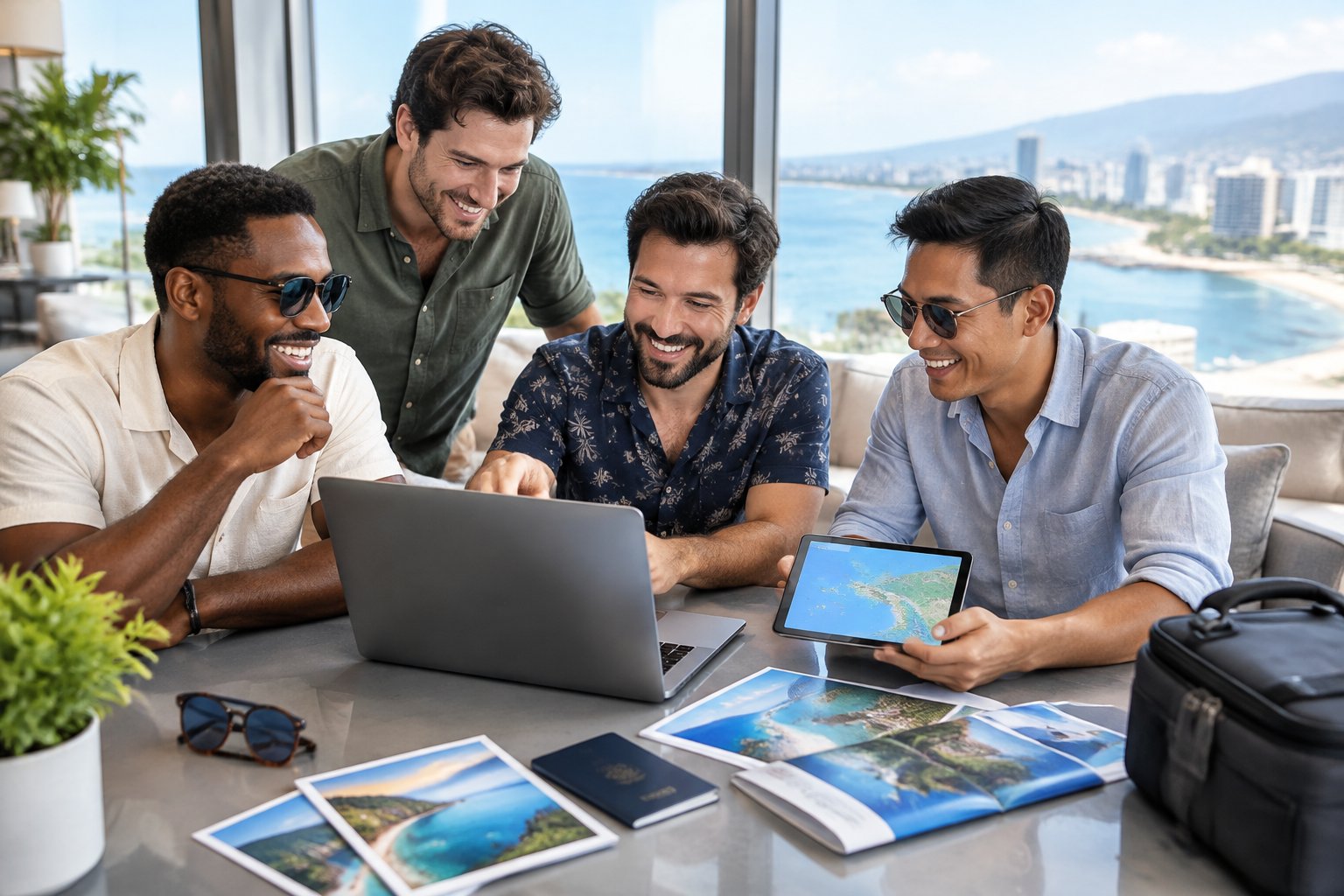 Friends gather around travel materials while exploring possible bachelor party destinations.