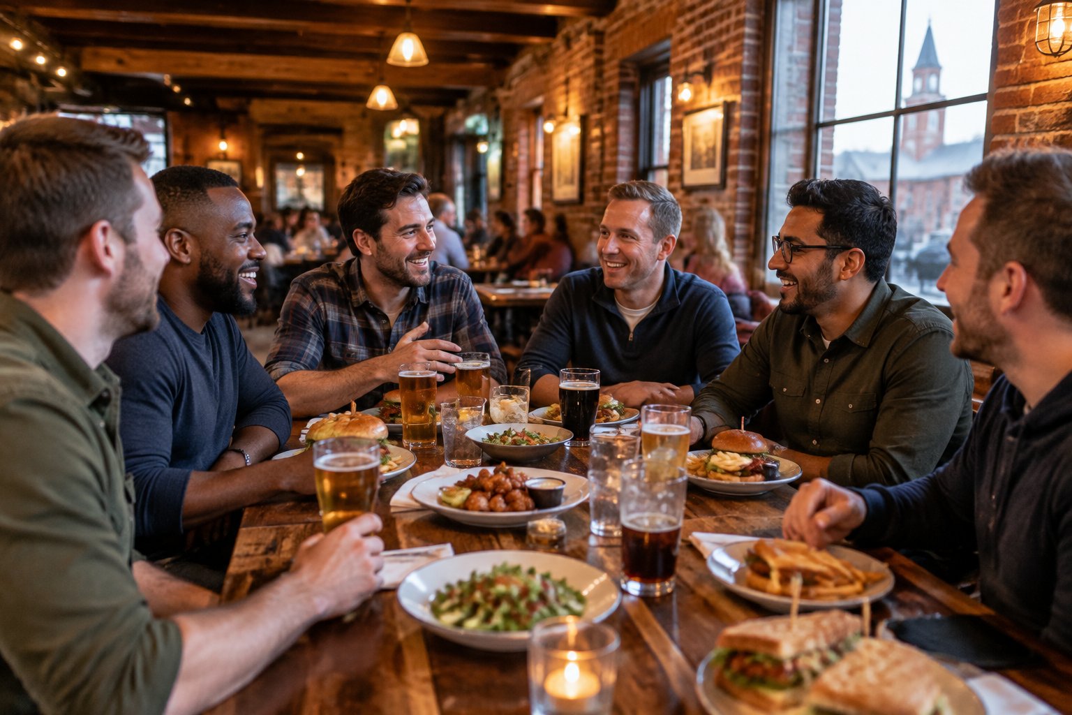 A group of friends sharing a meal and drinks at a welcoming historic restaurant in Gettysburg.