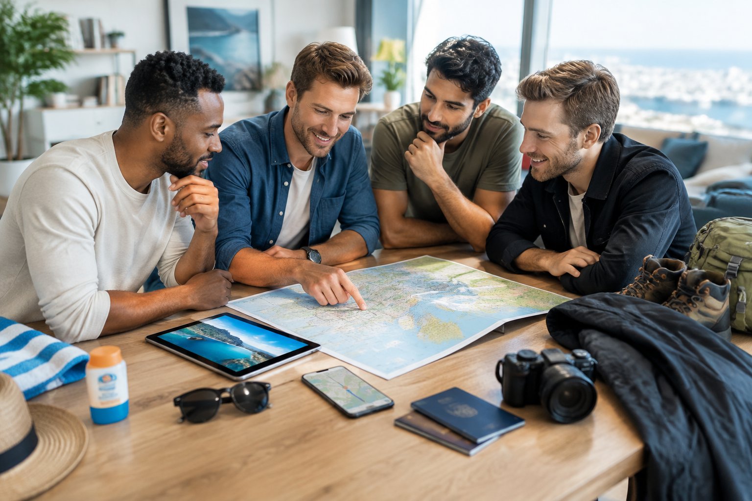 Four friends compare travel options and plan a bachelor party trip around a table.