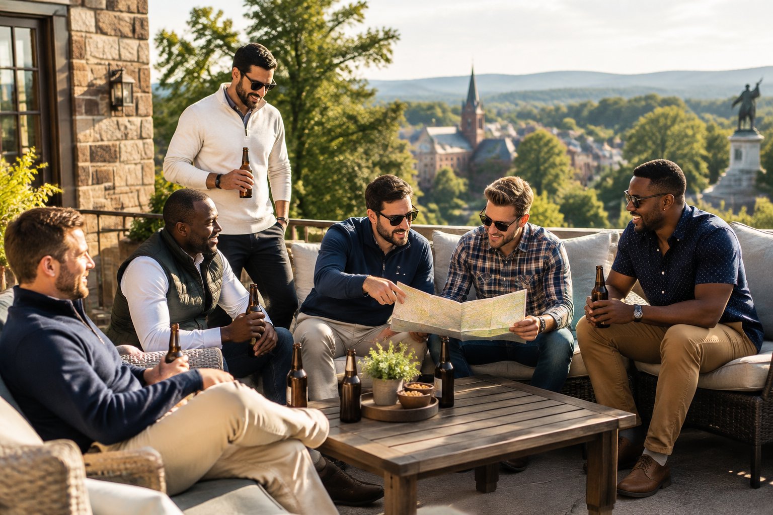 A group of friends relaxing together on the terrace of a historic Gettysburg lodging property.
