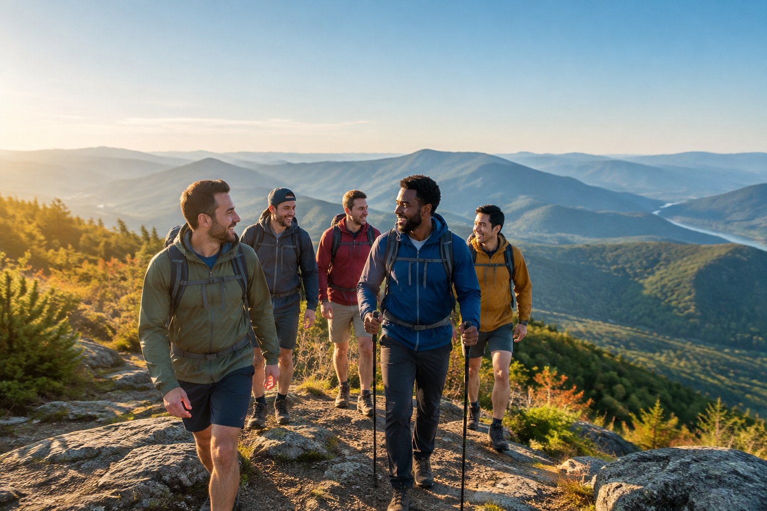A group of friends hiking along a scenic mountain ridge in the Blue Ridge Mountains.