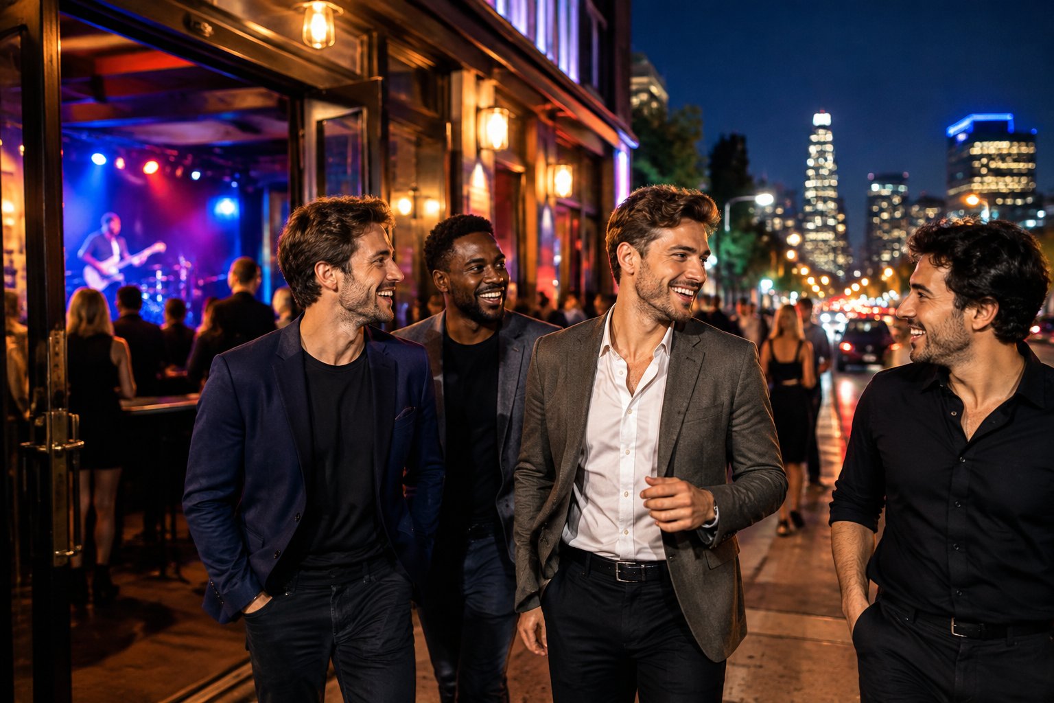 A group of friends enjoying a lively urban nightlife district outside a music venue.