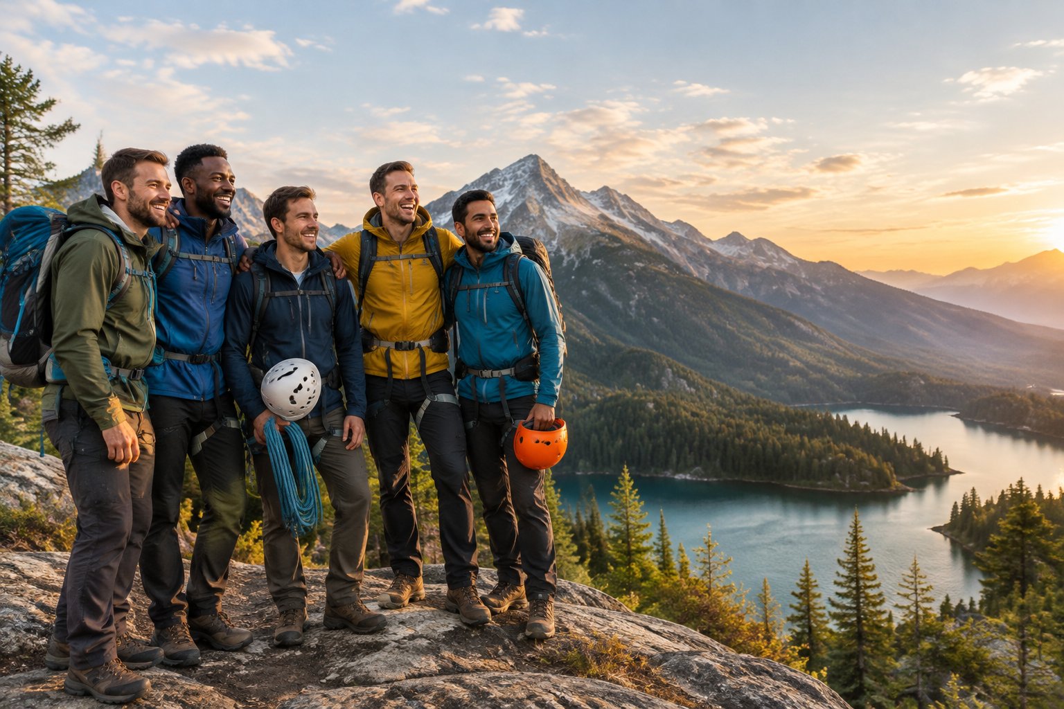 A group of friends with outdoor gear enjoying a scenic mountain overlook above an alpine lake.
