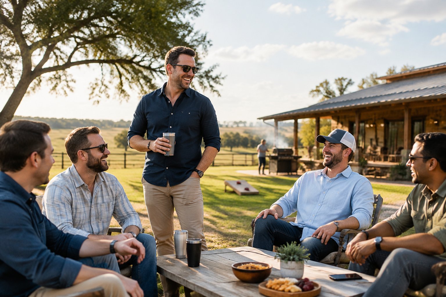 A group of friends enjoying a relaxed outdoor celebration at a scenic Texas ranch.