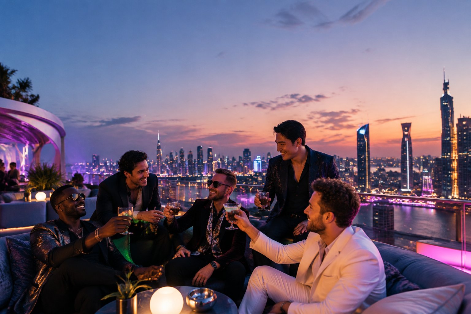 A group of friends celebrates at a stylish rooftop lounge overlooking a glowing city skyline.