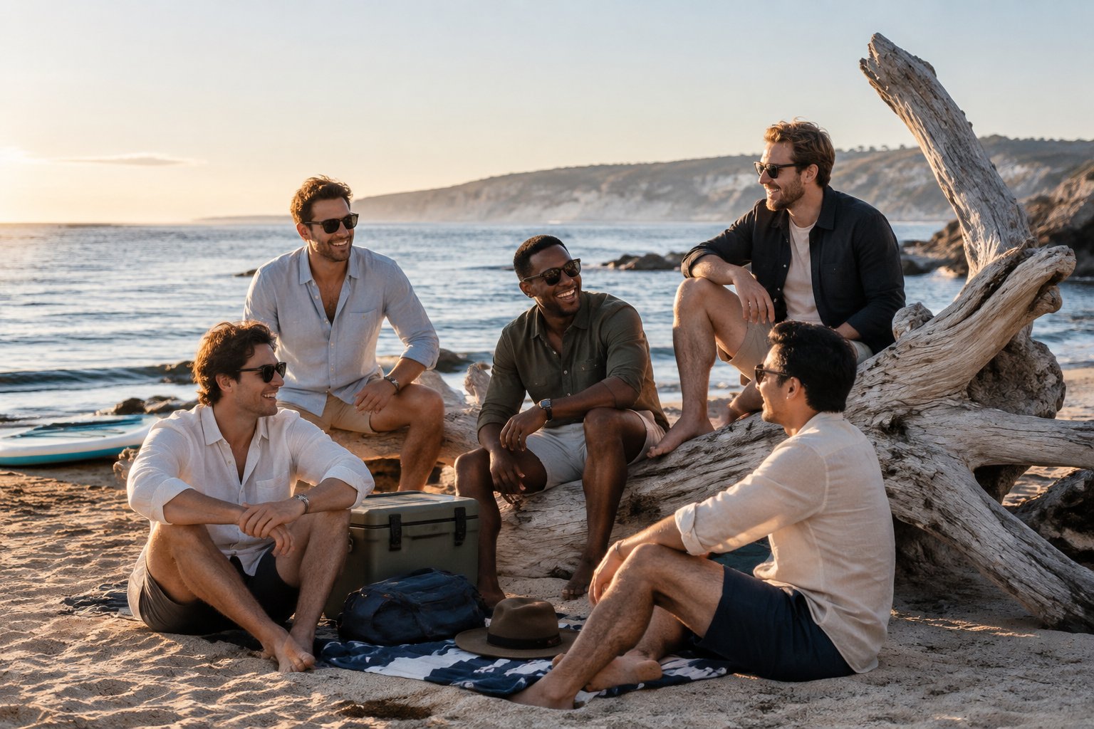 A group of friends relaxing beside driftwood on a scenic beach.