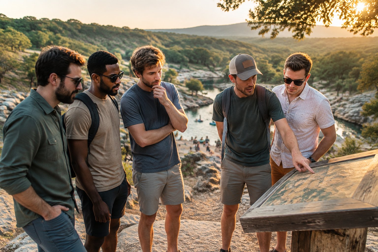 A group of friends discusses bachelor party destination options at a scenic outdoor location in Driftwood, Texas.