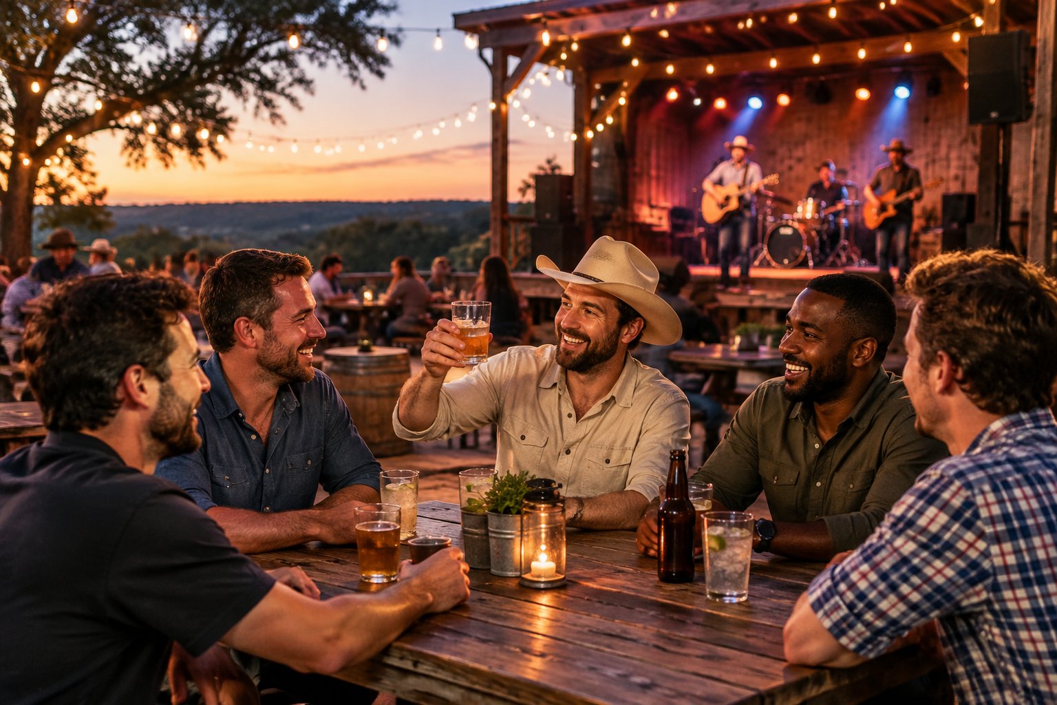 Friends enjoy live music together at an outdoor venue in Driftwood.