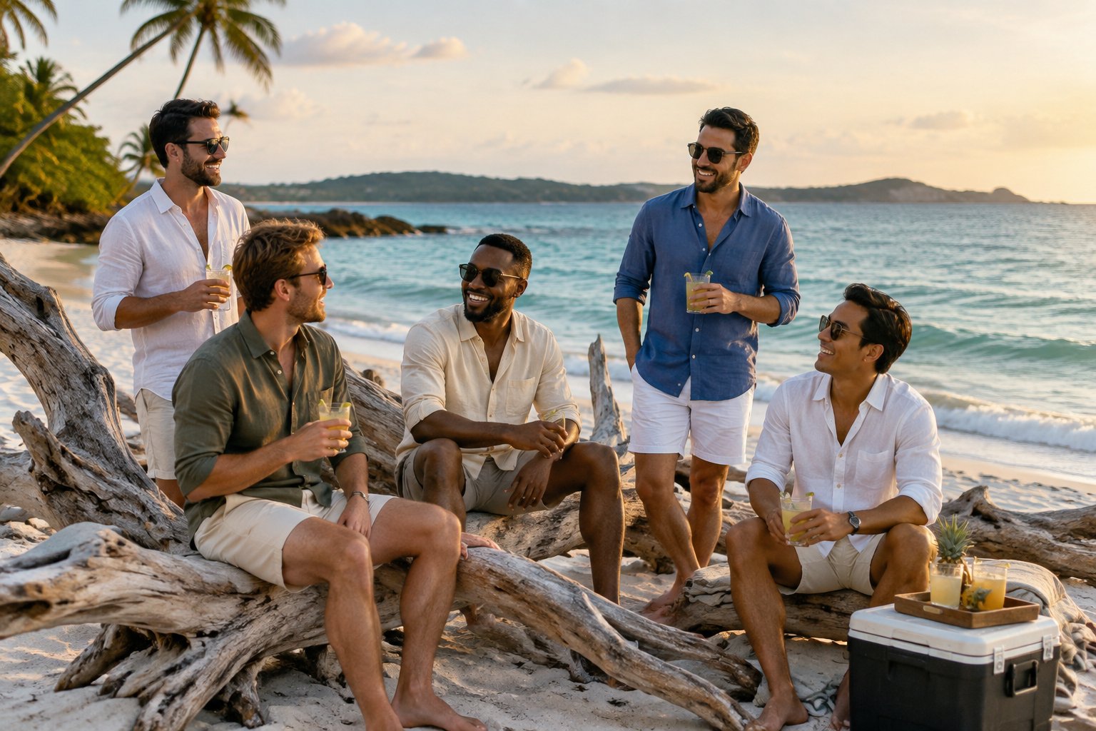A group of friends celebrates a beach getaway beside driftwood on a tropical shoreline.