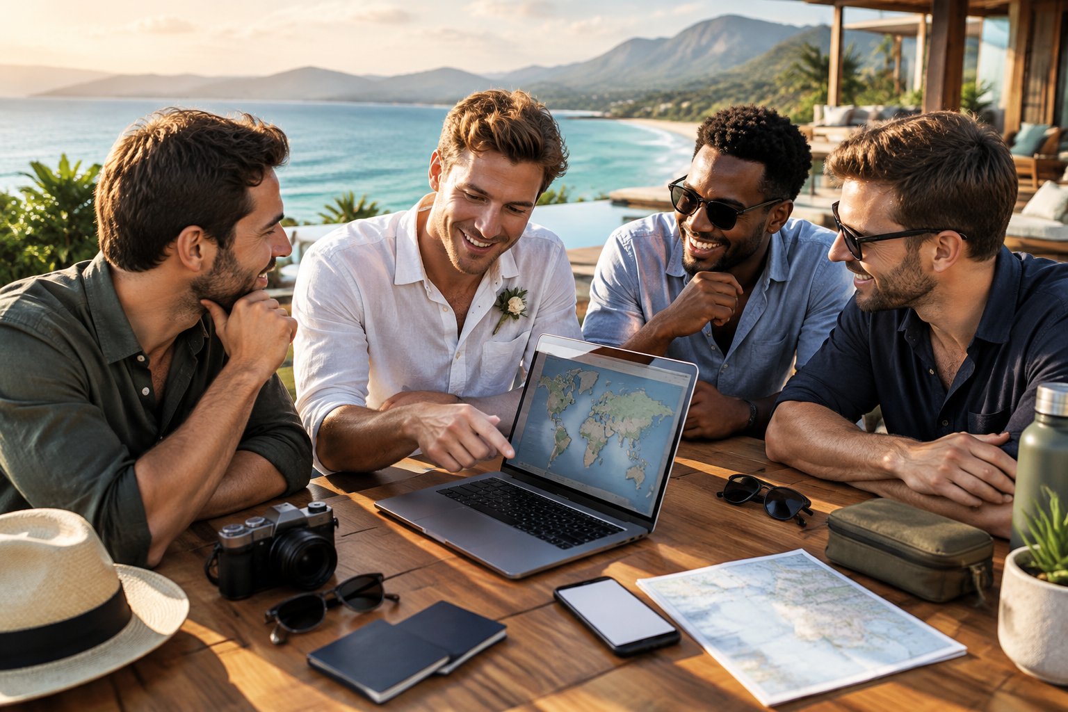A groom and three friends compare travel plans at a scenic tropical destination.