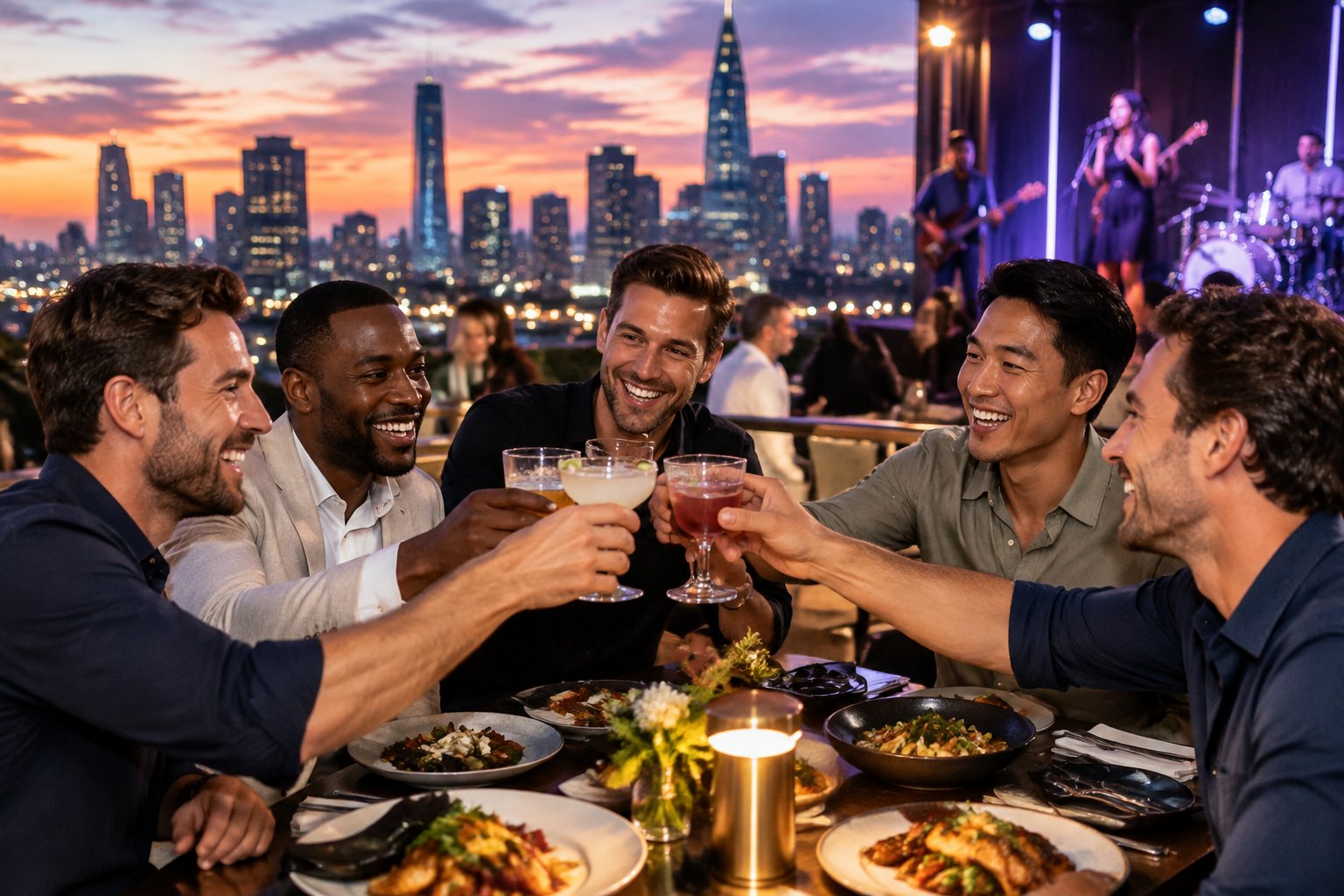Friends celebrating together at a rooftop restaurant overlooking a lively city at night.