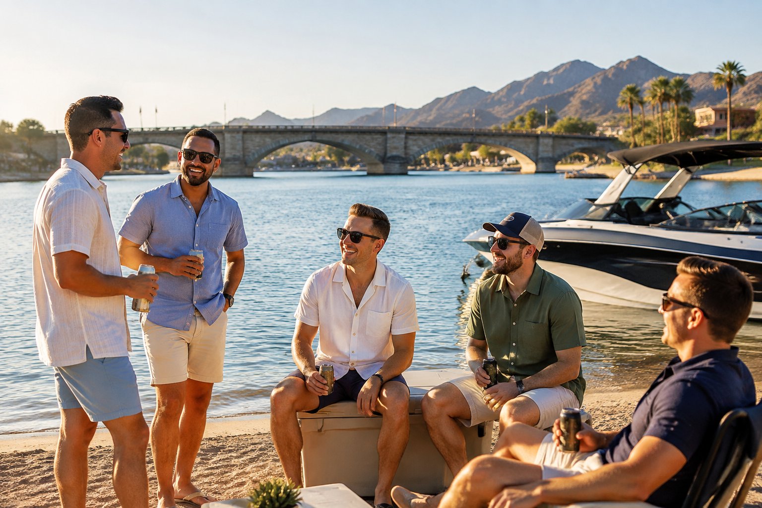 Friends enjoying a sunny bachelor weekend by the lake near London Bridge in Havasu.