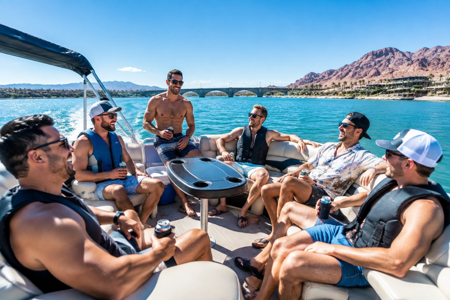 A group of friends enjoying a sunny boat outing on Lake Havasu with desert hills and the London Bridge in the background.