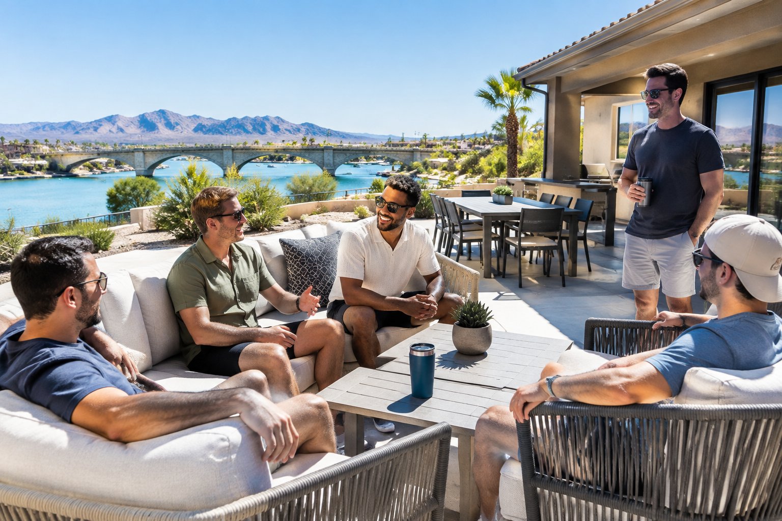 A group of friends relaxing on the patio of a vacation rental overlooking Lake Havasu.