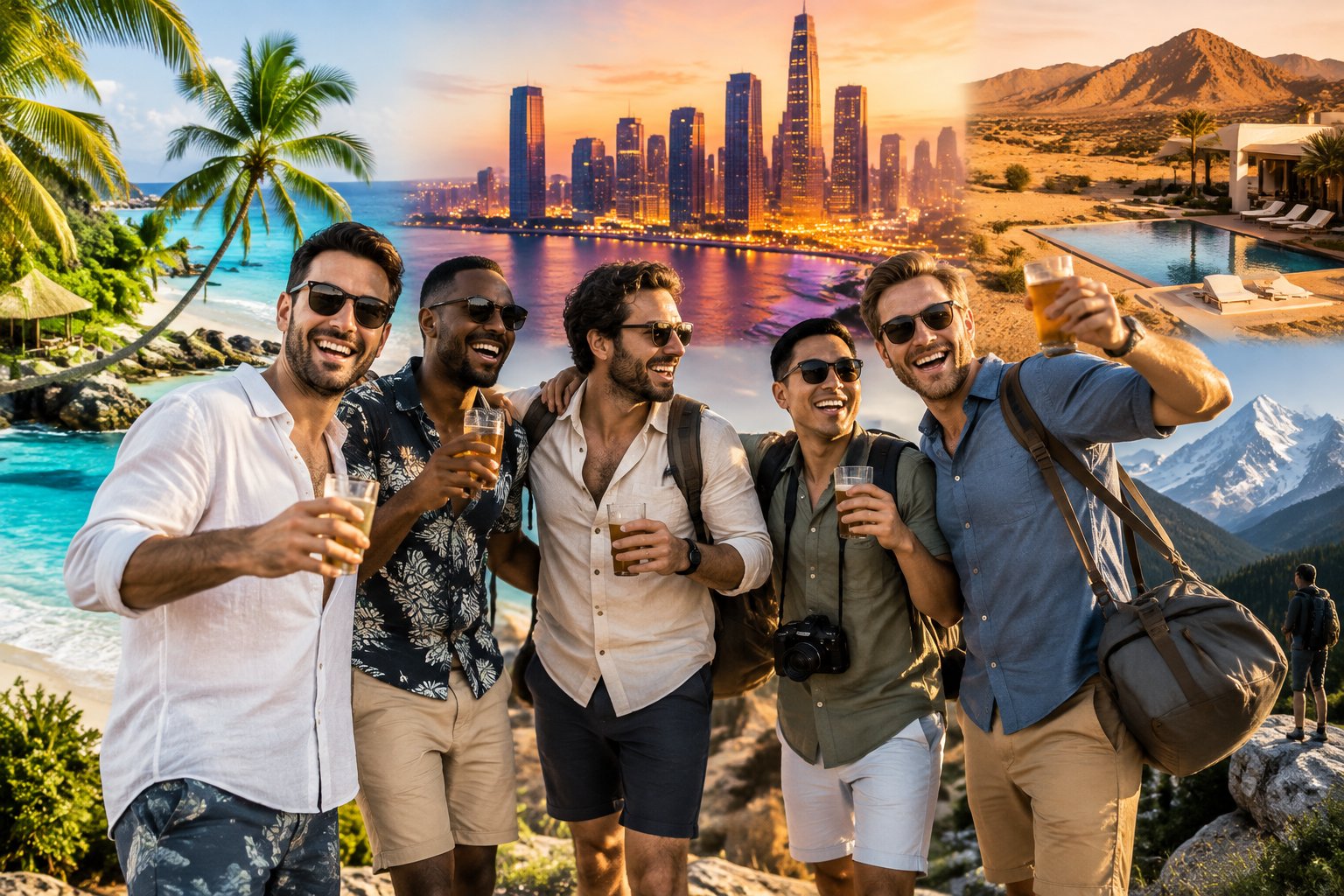 A group of friends celebrating together while surrounded by beach, city, desert, and mountain travel destinations.