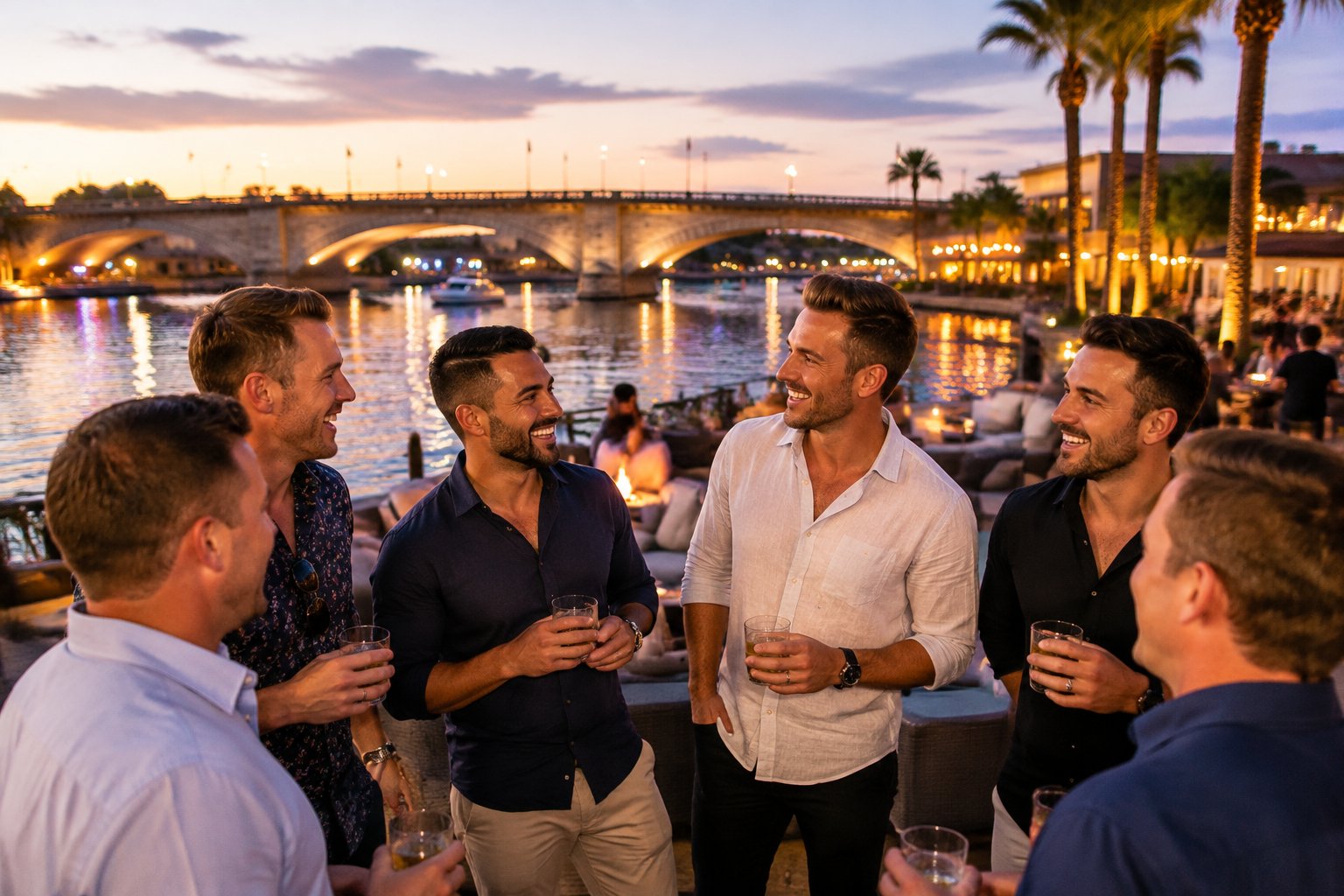 A group of friends enjoying an evening near the London Bridge waterfront in Lake Havasu City.