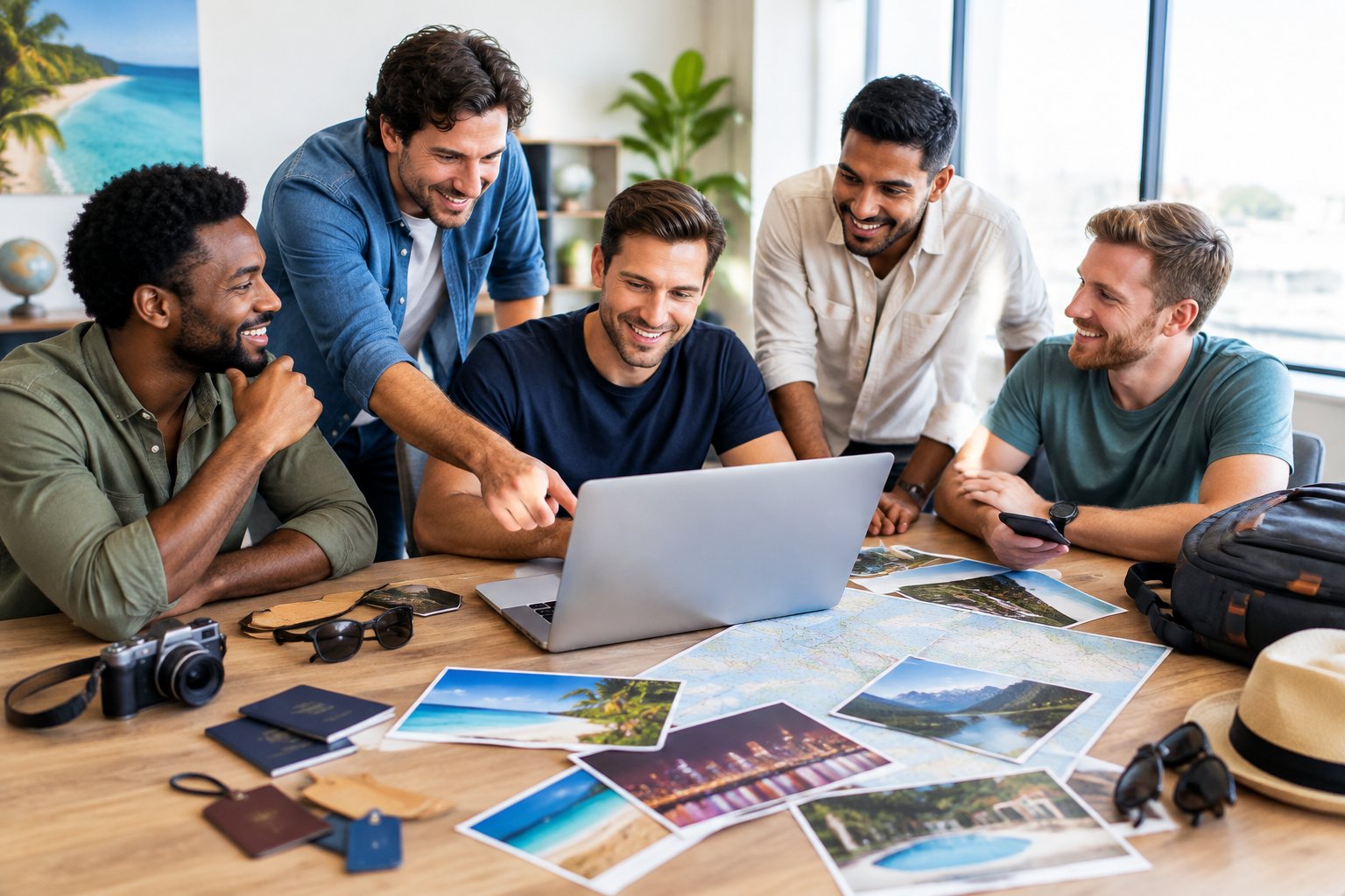 Friends compare travel destinations and plan a bachelor party around a table with maps and devices.