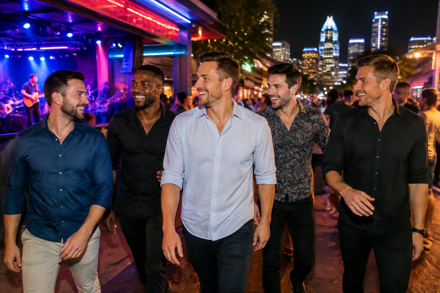A group of friends celebrating together in a lively city nightlife district at night.