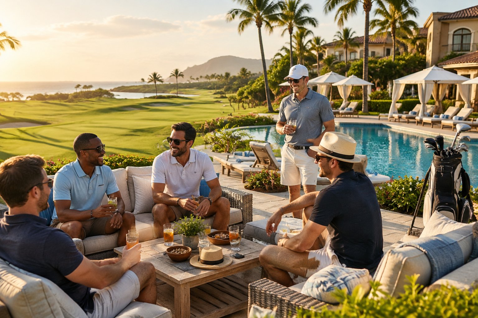 Friends relax at a luxury resort beside a golf course and swimming pool.