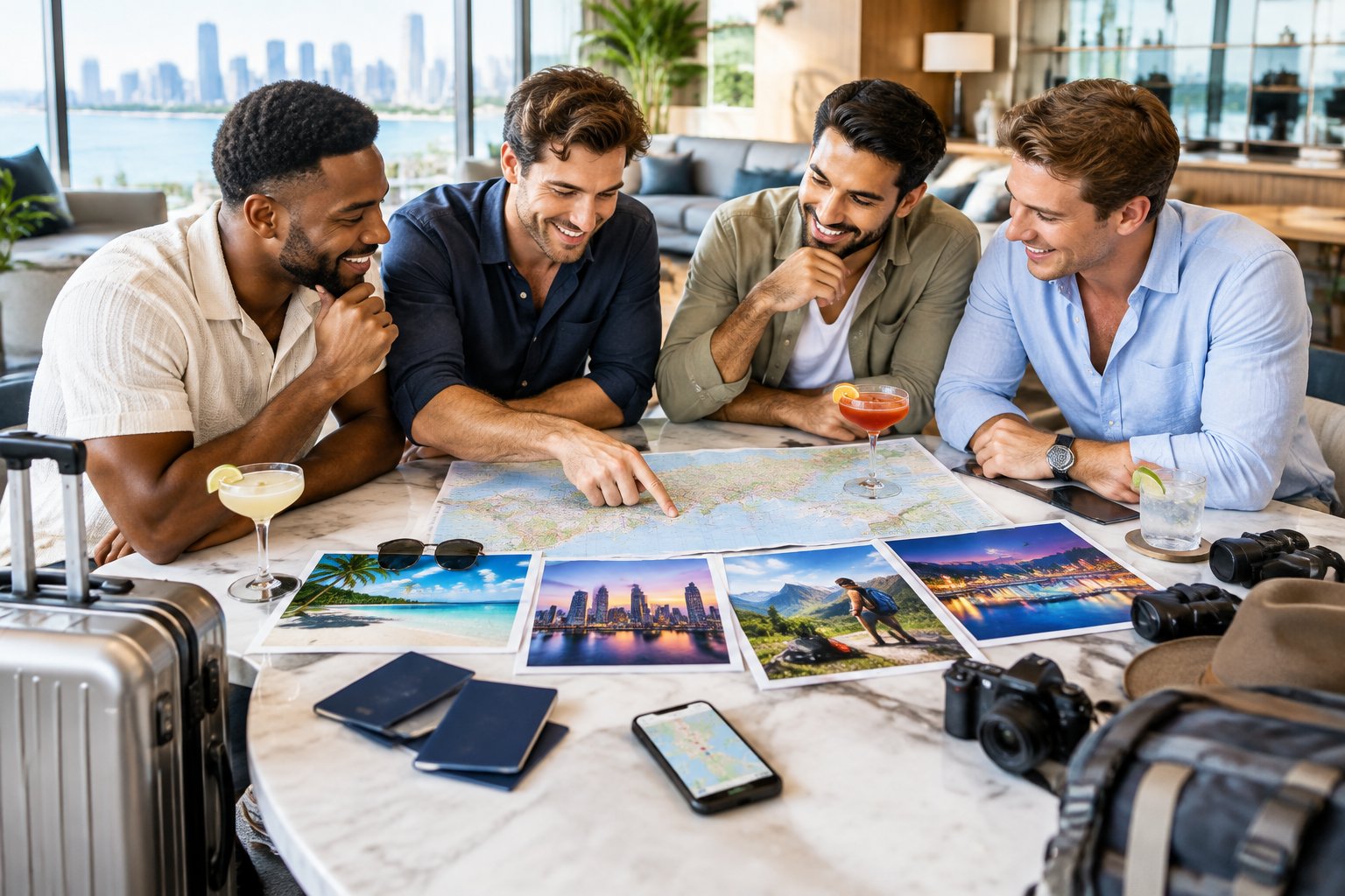 A group of friends plans a trip around a table with maps, luggage, and travel accessories.