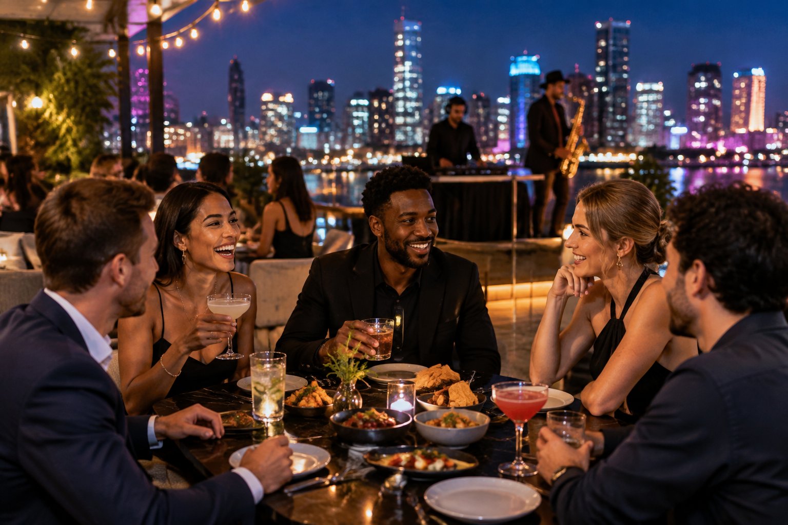 A group of friends sharing food and drinks at a rooftop gathering overlooking a glowing city skyline while live music plays.