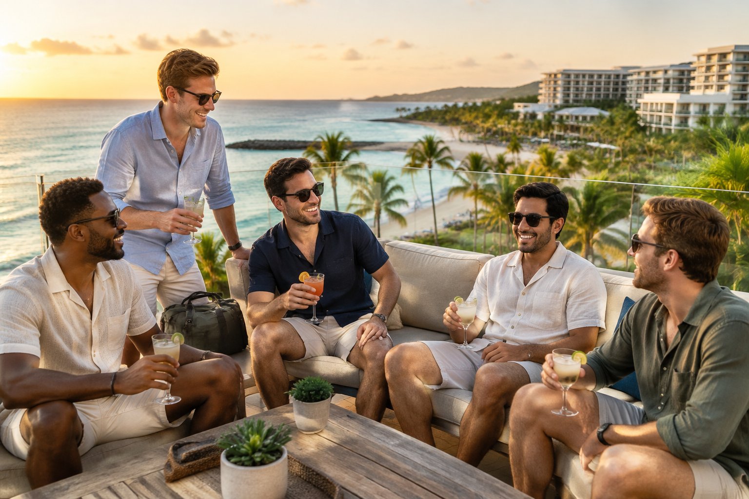 A group of male friends celebrating a bachelor getaway on a rooftop overlooking a tropical beach.