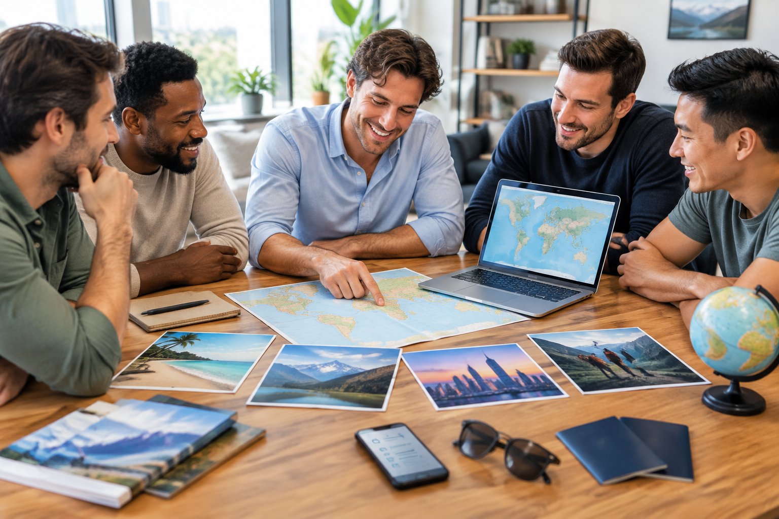 A group of friends gathers around a table to compare ideas for a bachelor party trip.