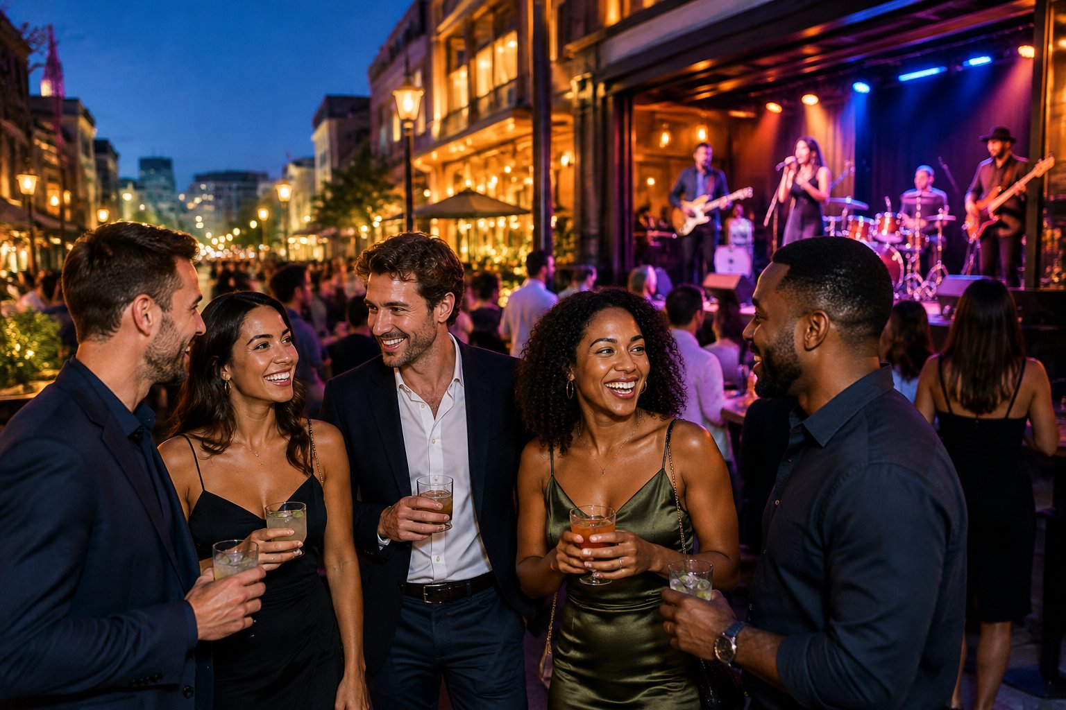 A group of friends enjoys live music and nightlife in a brightly lit city entertainment district.