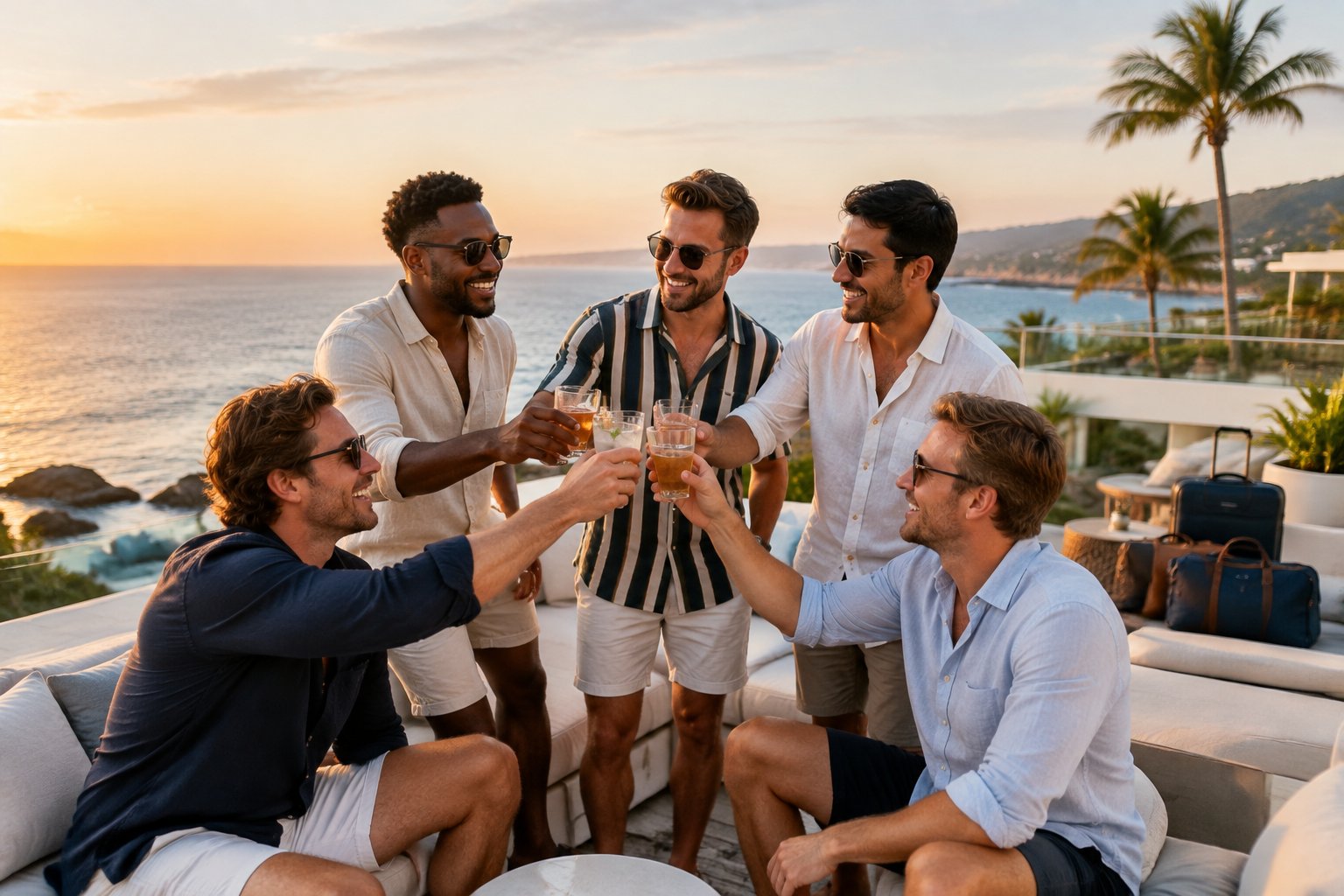 A group of friends celebrating together on a sunny resort terrace overlooking the ocean.