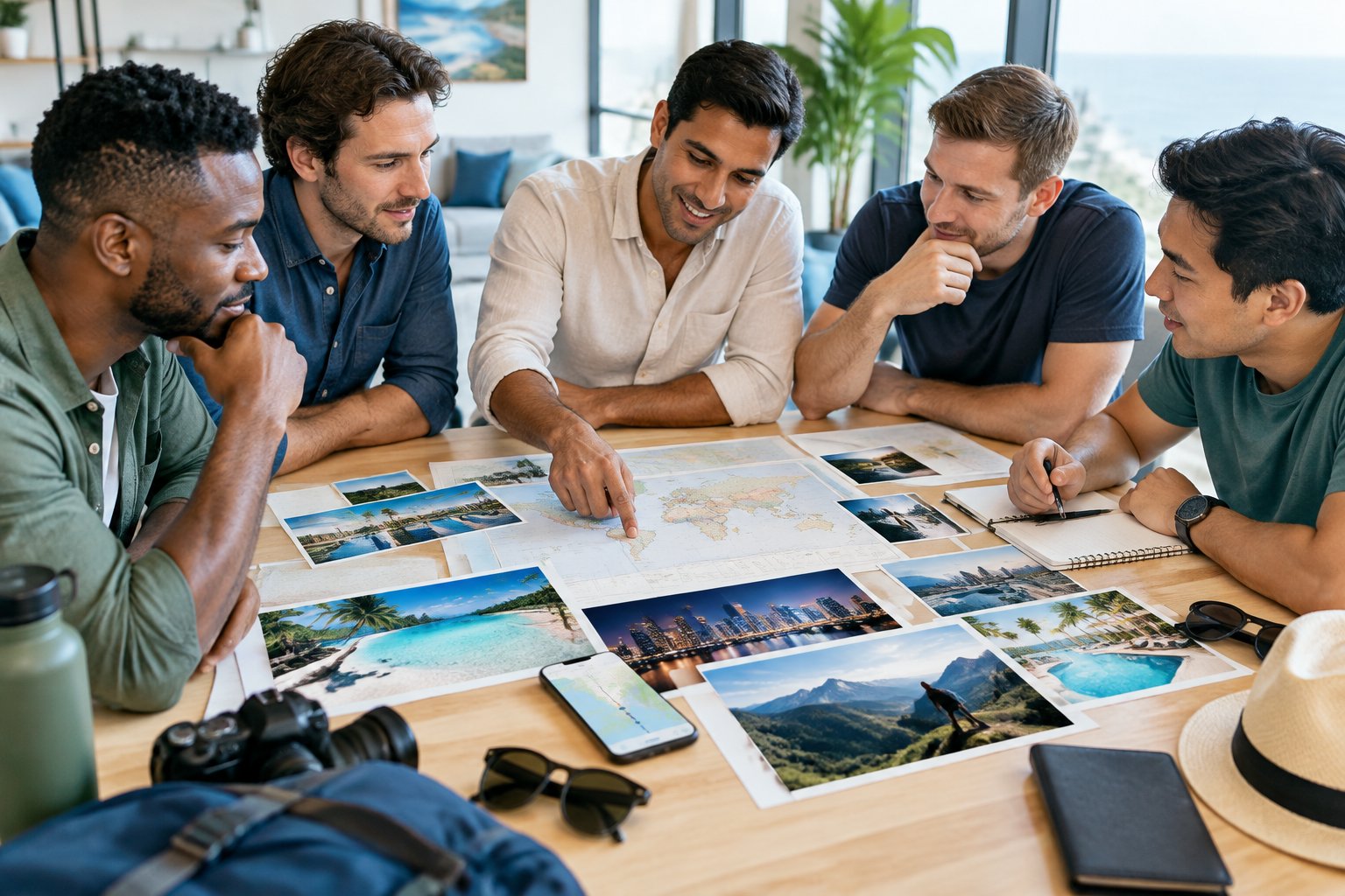 A group of friends compares travel ideas and destination options around a table while planning a bachelor party getaway.