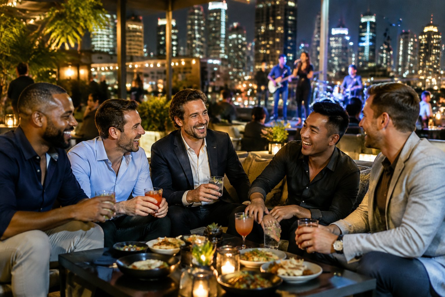 A group of friends enjoying food, drinks, and live music at a lively city rooftop venue at night.