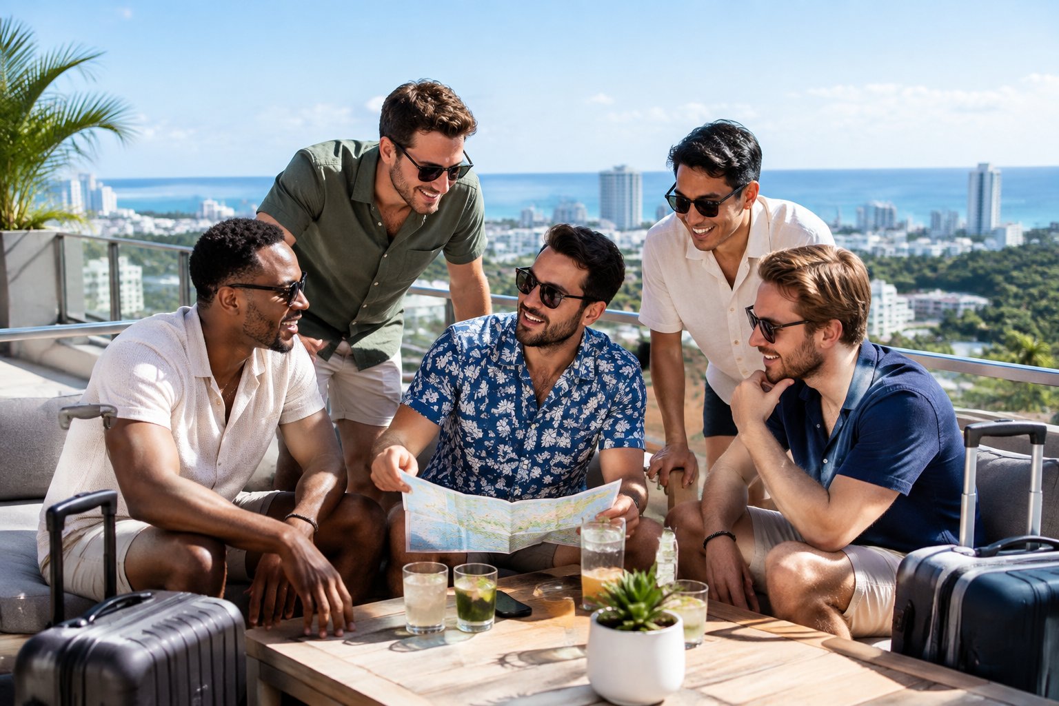 A group of friends planning a celebratory coastal getaway on a rooftop terrace.