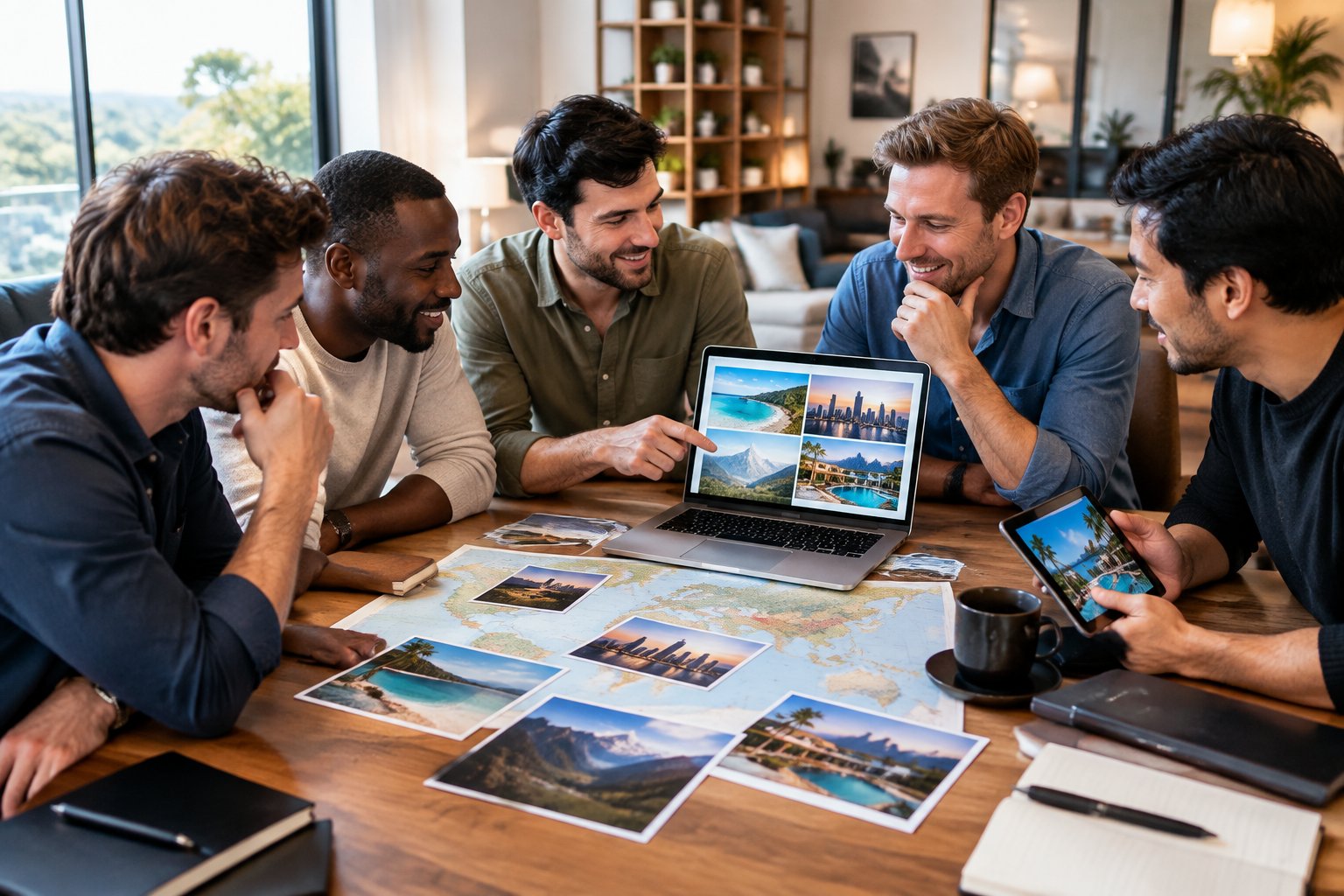 A group of friends compares travel options while planning a bachelor party.