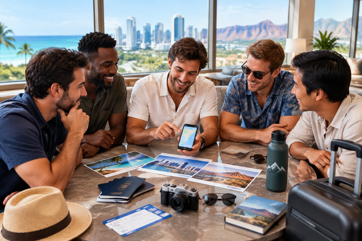 A groom and his friends compare travel options in a bright hotel lounge.