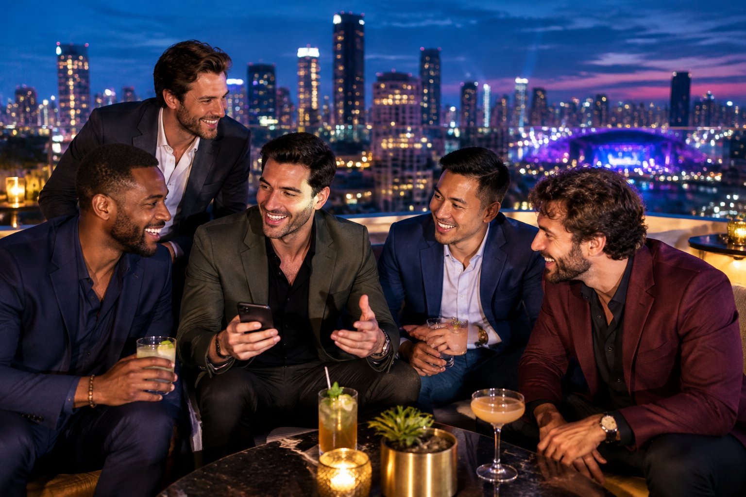 A group of friends celebrating on a rooftop lounge overlooking a brightly lit city skyline at night.
