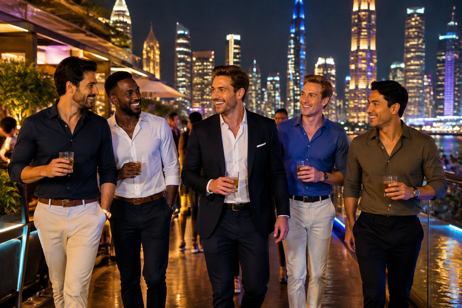 A group of friends celebrating a bachelor party together in a lively city nightlife district.