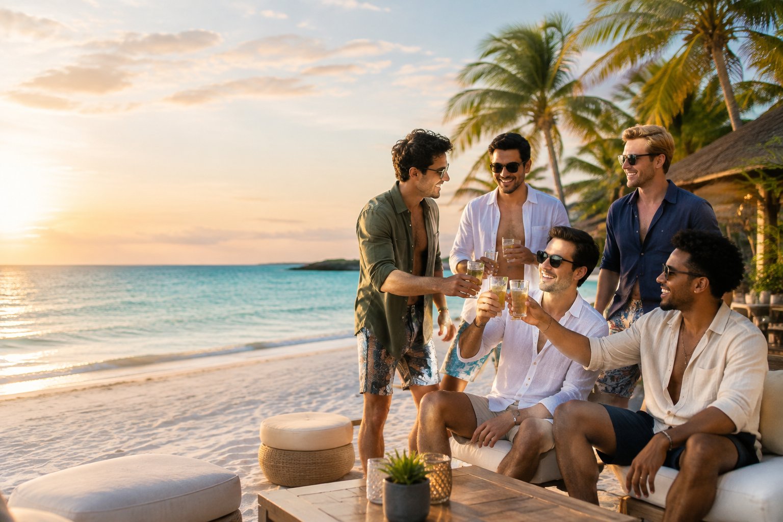 A group of friends relaxing together on a sunny tropical beach near a beachfront lounge.