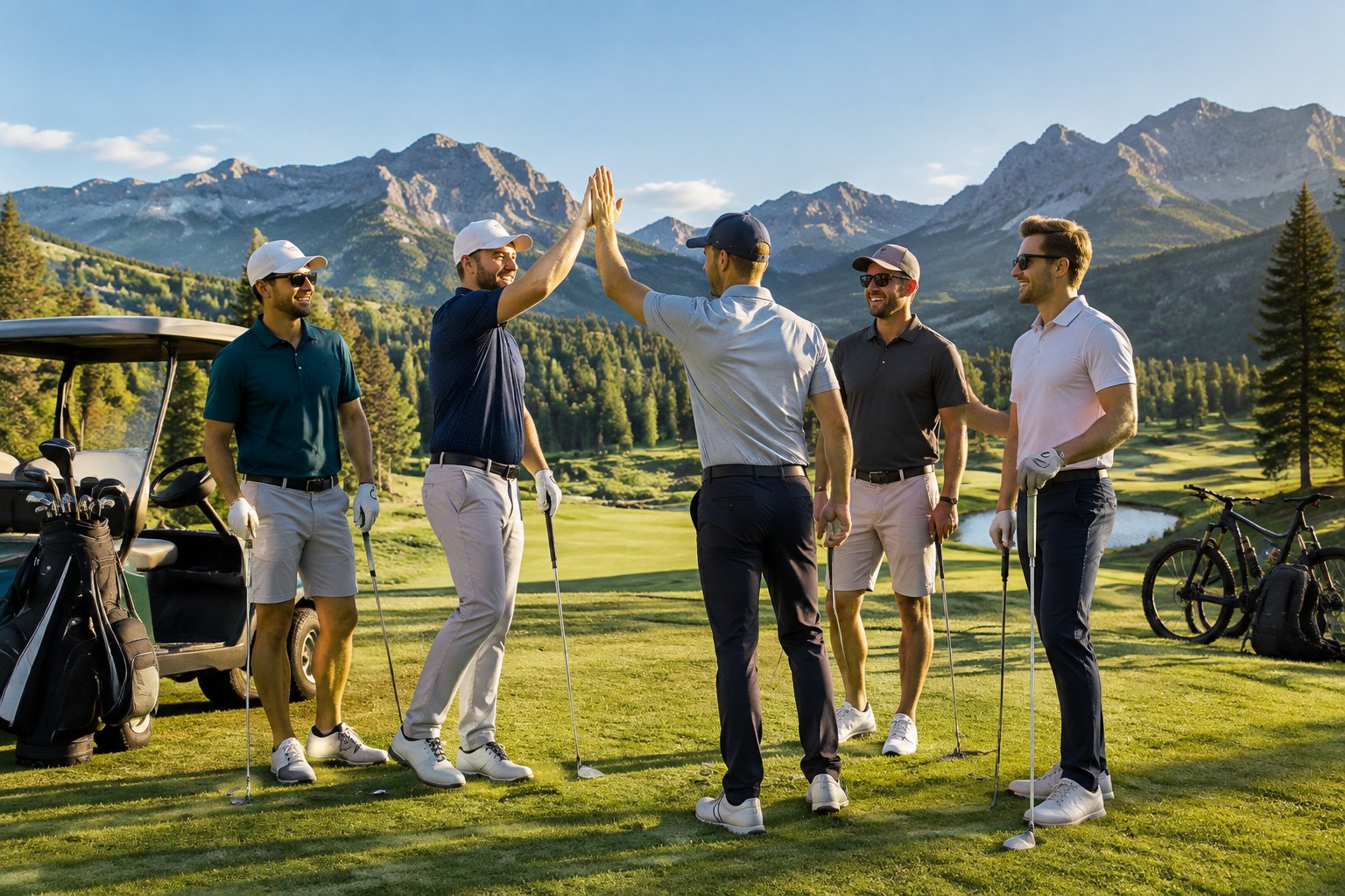 Friends enjoy a round of golf together on a scenic mountain course.