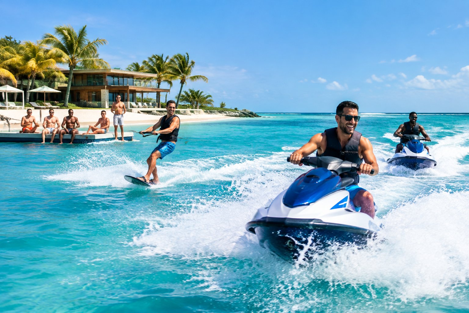 A group of friends enjoys jet skiing and relaxing on a sunny tropical beach.