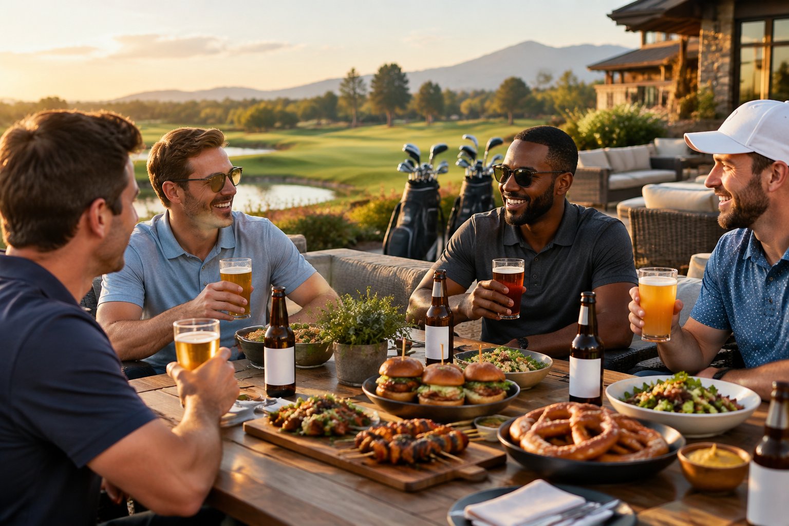 Friends enjoying craft beer, gourmet food, and a golf outing at a resort patio.