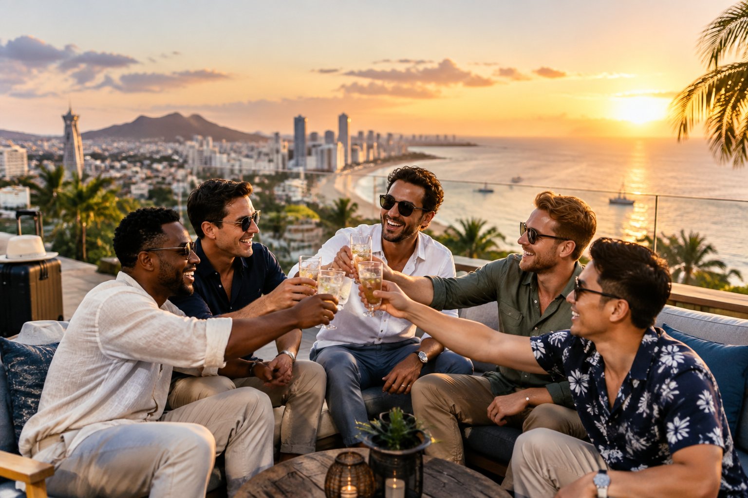 A group of friends celebrating together on a rooftop terrace overlooking a sunny international city and coastline.
