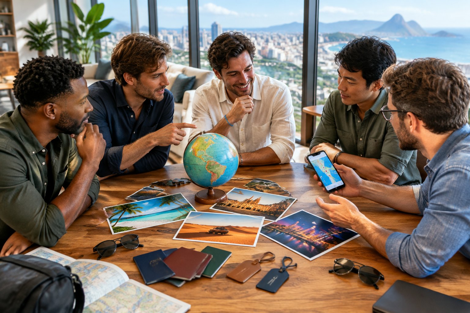 Friends gather around a table to compare travel options for a bachelor party.