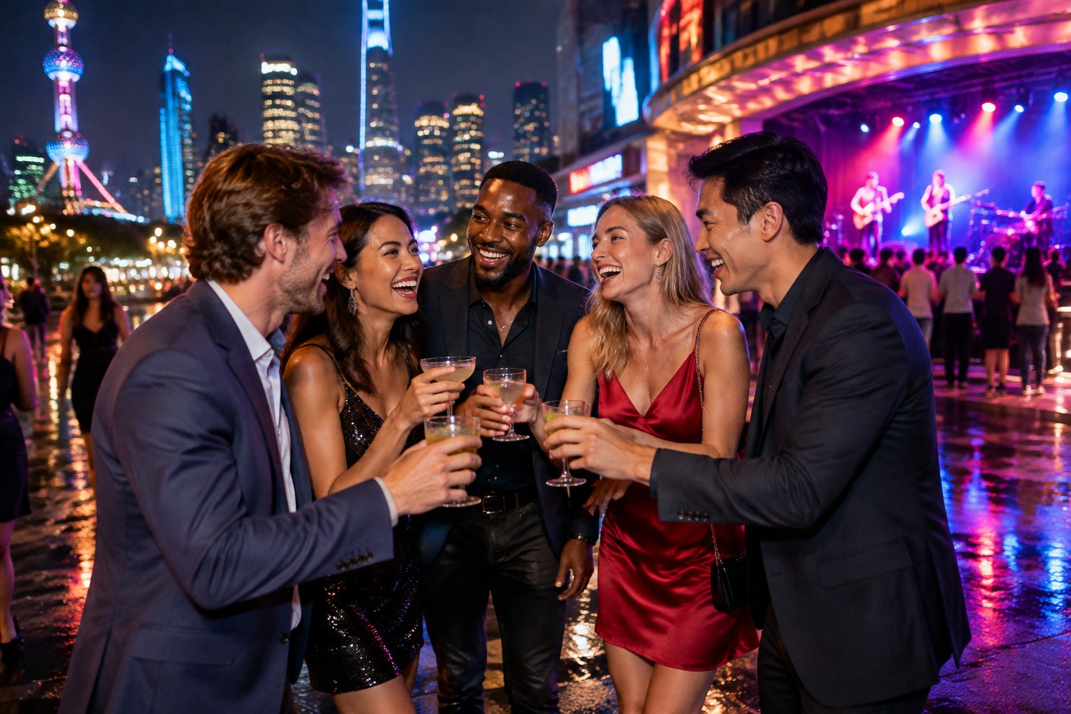 A group of friends celebrating together in a brightly lit global nightlife district with music venues and city lights.