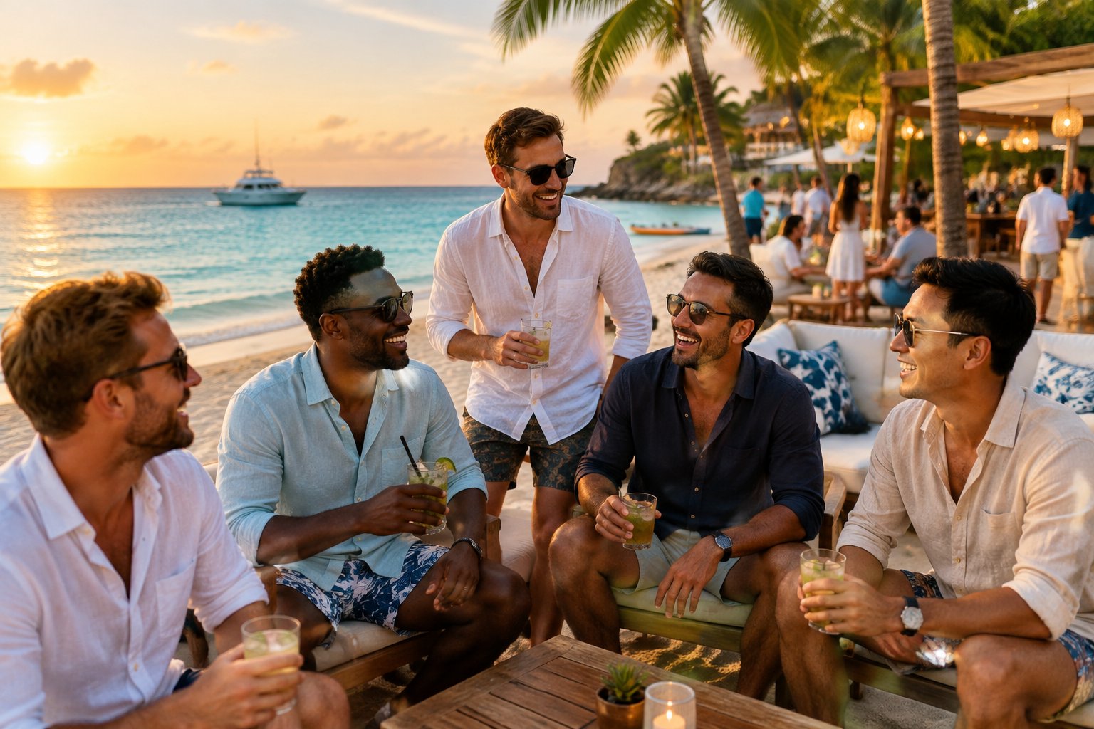 A group of friends enjoying a tropical beach celebration with turquoise water, palm trees, and a lively beachfront venue.