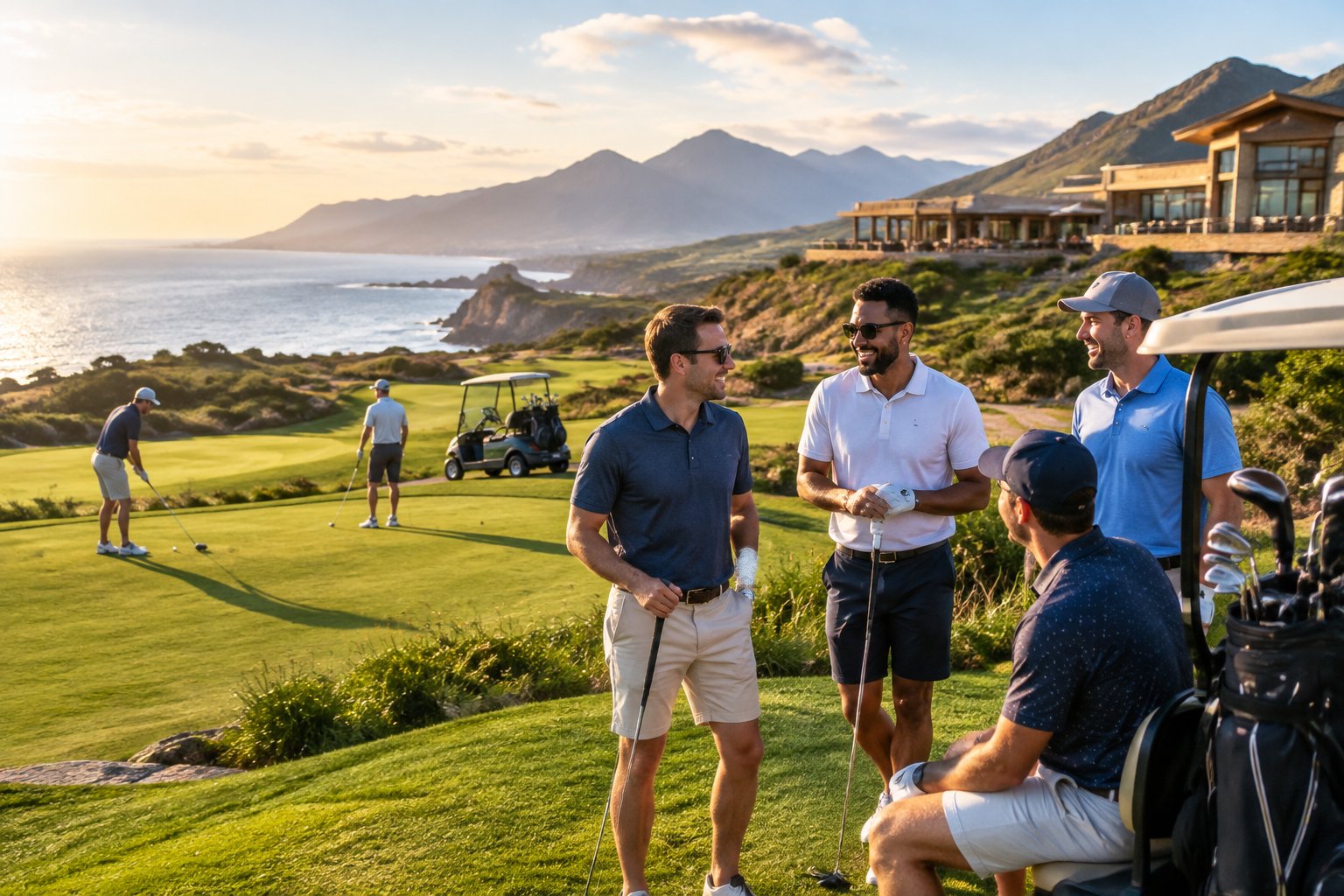 A group of friends enjoying a golf course at a scenic resort surrounded by dramatic natural landscapes.