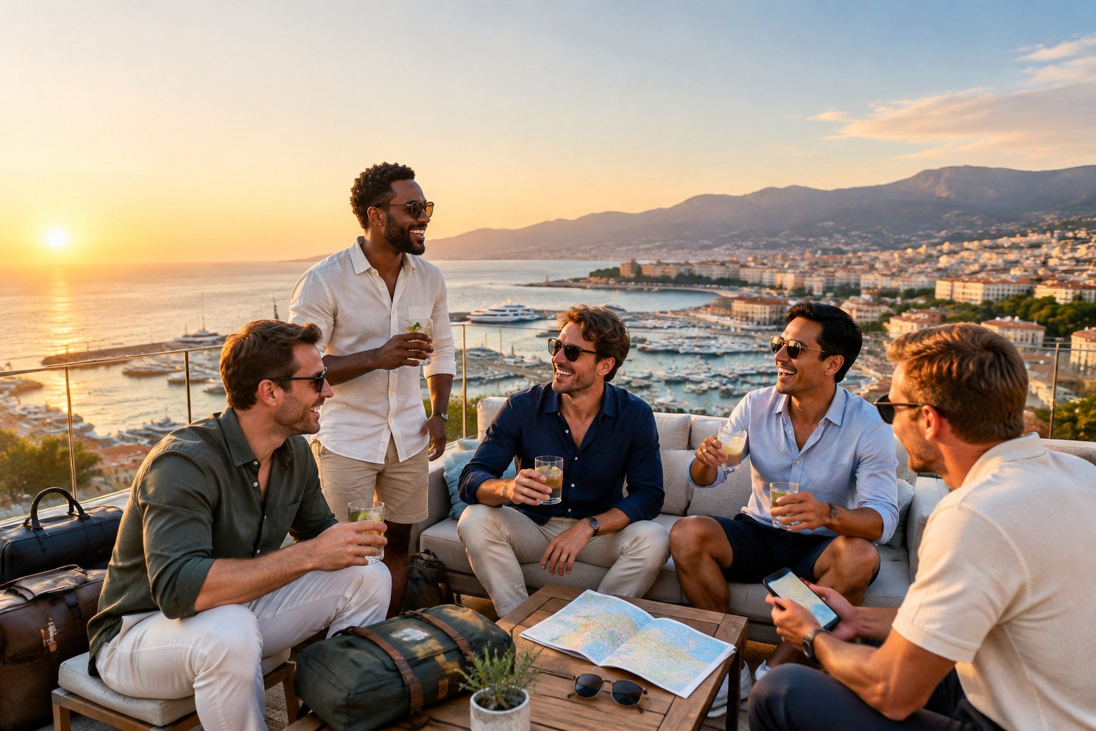 A group of friends enjoying drinks and conversation on a rooftop overlooking a waterfront city and mountains.