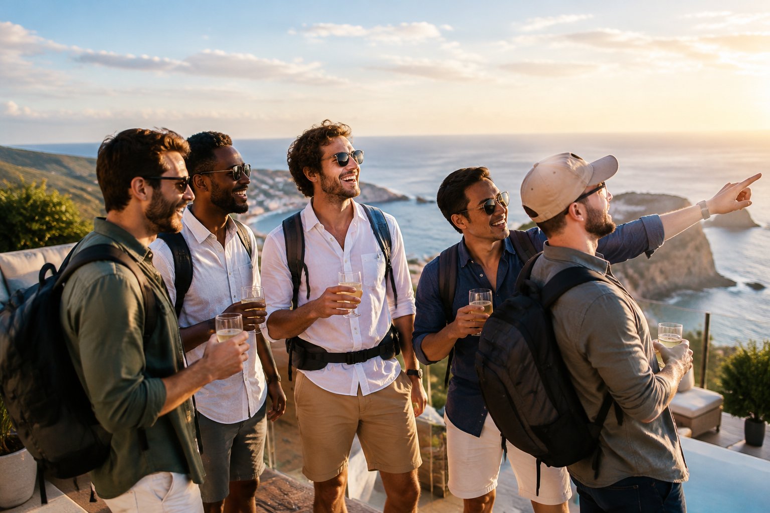 A group of friends celebrates together on a sunny coastal terrace overlooking the ocean.