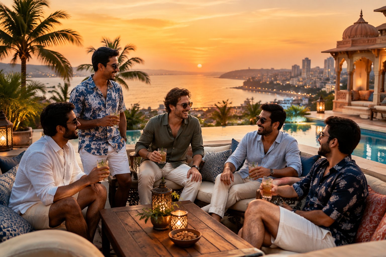 A group of friends celebrating together on a rooftop terrace overlooking an Indian coastal city at sunset.
