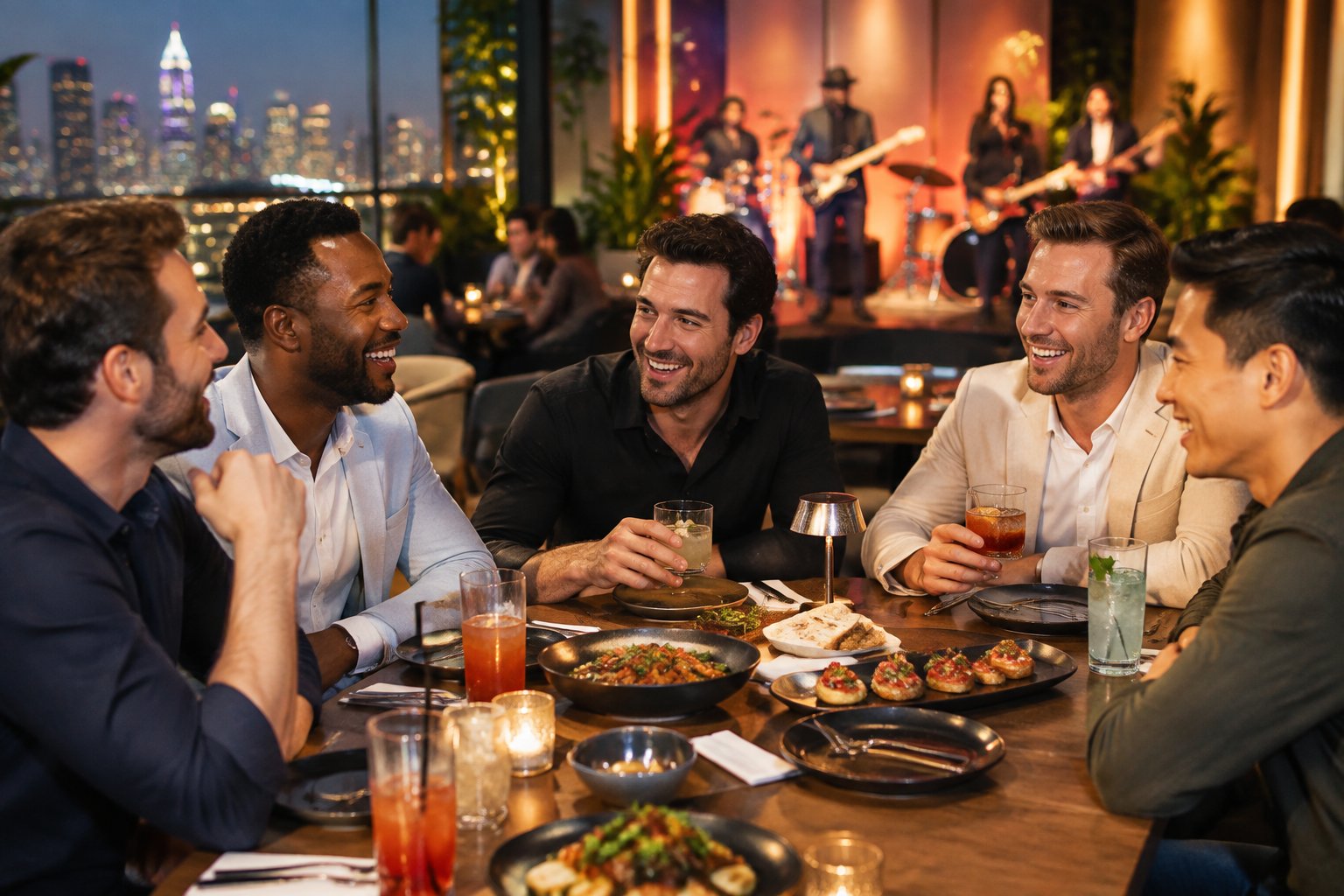 A group of friends enjoys gourmet food and live music at an upscale nightlife venue.